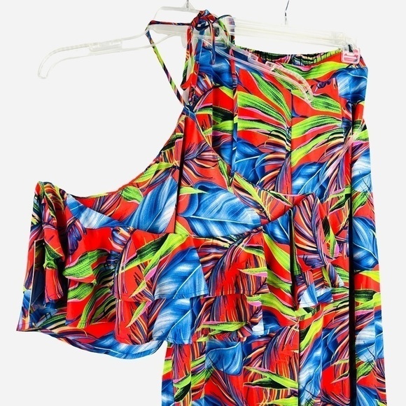 New-shop17 Two Pc Set Tropical Multi color, Ruffled Top Wide Leg Neck Tie Pants - Picture 2 of 16